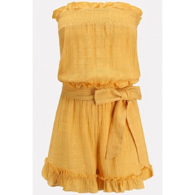 Yellow Strapless Ruffles Trim Bow Tied Casual Romper