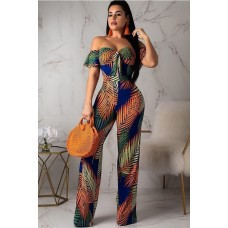 Tropical Leaf Off Shoulder High Waist Casual Jumpsuit