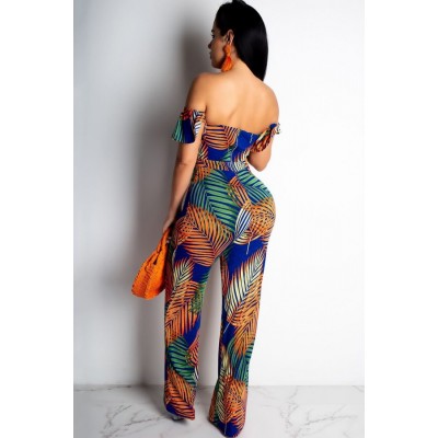 Tropical Leaf Off Shoulder High Waist Casual Jumpsuit