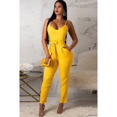 Yellow Spaghetti Straps Belt High Waist Pocket Casual Jumpsuit