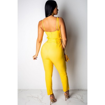 Yellow Spaghetti Straps Belt High Waist Pocket Casual Jumpsuit