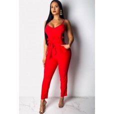 Red Spaghetti Straps Belt High Waist Pocket Casual Jumpsuit