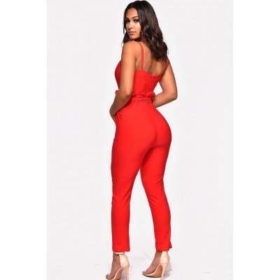 Red Spaghetti Straps Belt High Waist Pocket Casual Jumpsuit