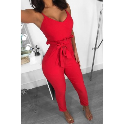 Red Spaghetti Straps Belt High Waist Pocket Casual Jumpsuit