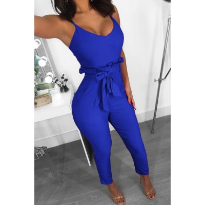 Spaghetti Straps Belt High Waist Pocket Casual Jumpsuit