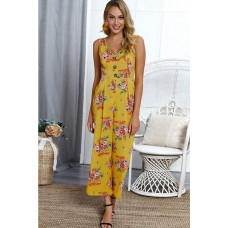 Yellow Floral V Neck Sleeveless Back Cut Out Sexy Jumpsuit