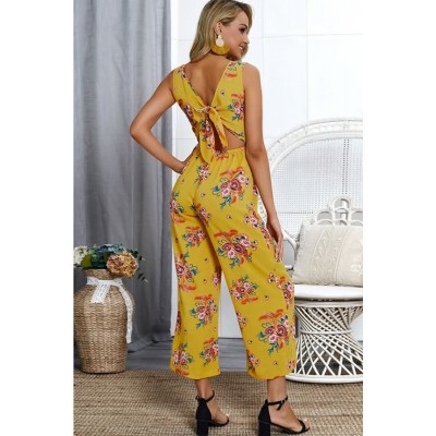 Yellow Floral V Neck Sleeveless Back Cut Out Sexy Jumpsuit