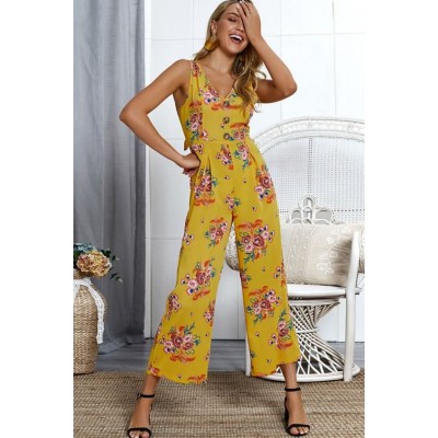 Yellow Floral V Neck Sleeveless Back Cut Out Sexy Jumpsuit