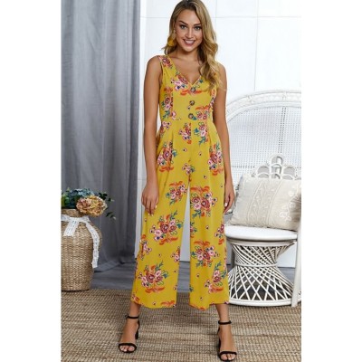 Yellow Floral V Neck Sleeveless Back Cut Out Sexy Jumpsuit