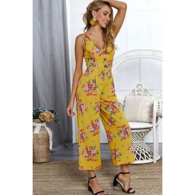 Yellow Floral V Neck Sleeveless Back Cut Out Sexy Jumpsuit