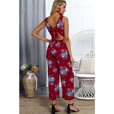 Dark-red Floral V Neck Sleeveless Back Cut Out Sexy Jumpsuit