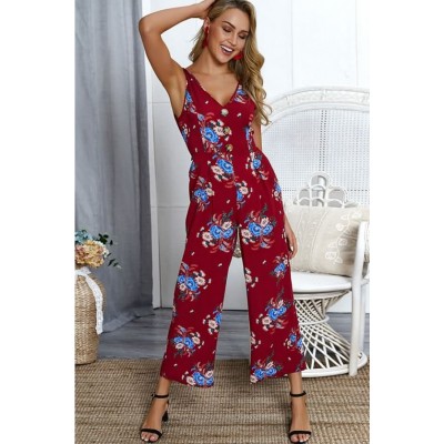 Dark-red Floral V Neck Sleeveless Back Cut Out Sexy Jumpsuit