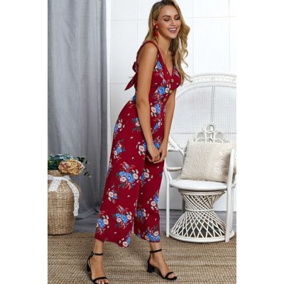 Dark-red Floral V Neck Sleeveless Back Cut Out Sexy Jumpsuit