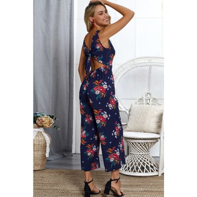 Dark-Floral V Neck Sleeveless Back Cut Out Sexy Jumpsuit