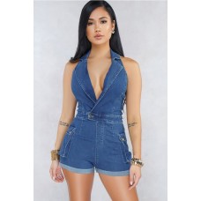 Dark-Pocket Plunging Notched Collar Backless Sexy Denim Romper