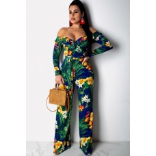 Green Floral Leaf Off Shoulder Ruffles Sexy Jumpsuit