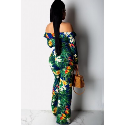 Green Floral Leaf Off Shoulder Ruffles Sexy Jumpsuit