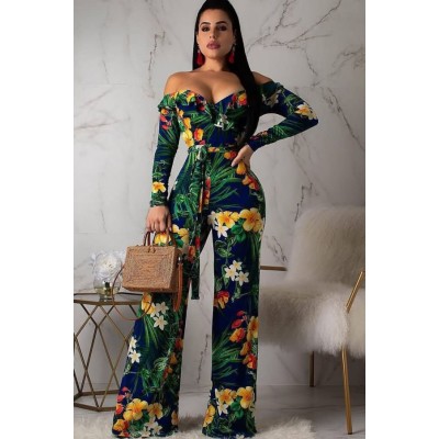 Green Floral Leaf Off Shoulder Ruffles Sexy Jumpsuit