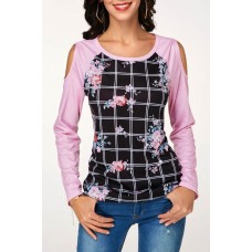 Black Floral Plaid Cutout Long Sleeve Casual T Shirt