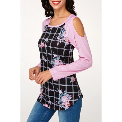 Black Floral Plaid Cutout Long Sleeve Casual T Shirt