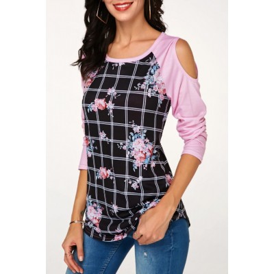 Black Floral Plaid Cutout Long Sleeve Casual T Shirt