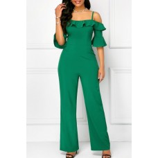 Green Ruffles Trim Bare Shoulder Flare Sleeve Casual Jumpsuit