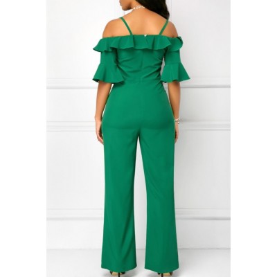 Green Ruffles Trim Bare Shoulder Flare Sleeve Casual Jumpsuit