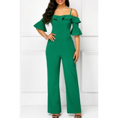 Green Ruffles Trim Bare Shoulder Flare Sleeve Casual Jumpsuit