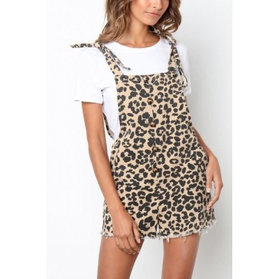 Leopard Button V Back Knotted Casual Overalls