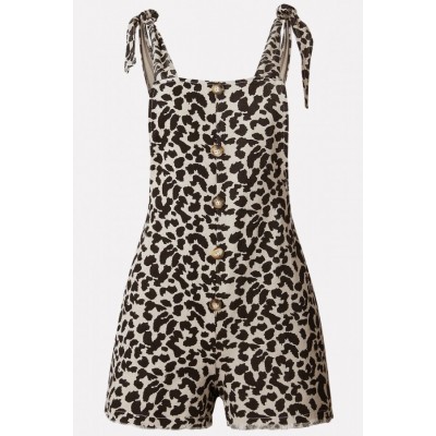 Leopard Button V Back Knotted Casual Overalls