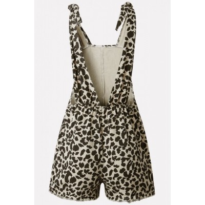 Leopard Button V Back Knotted Casual Overalls