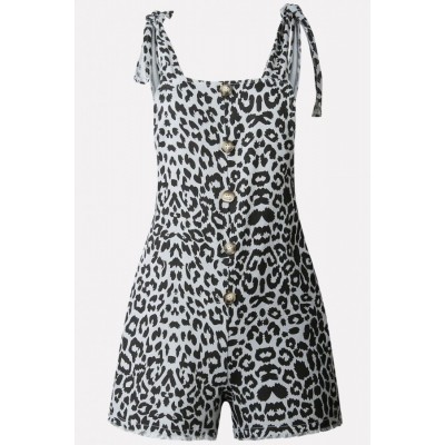 Leopard Button V Back Knotted Casual Overalls