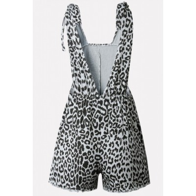 Leopard Button V Back Knotted Casual Overalls