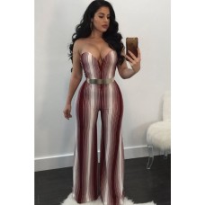 Stripe Strapless Plunging Sexy Jumpsuit