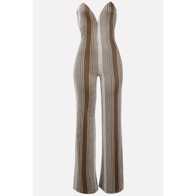 Stripe Strapless Plunging Sexy Jumpsuit