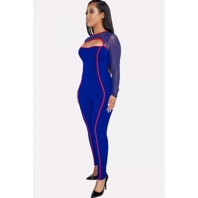 Contrast Mesh Long Sleeve Cutout Sexy Jumpsuit