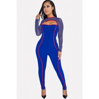 Contrast Mesh Long Sleeve Cutout Sexy Jumpsuit