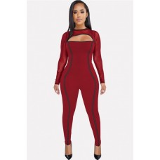 Red Contrast Mesh Long Sleeve Cutout Sexy Jumpsuit