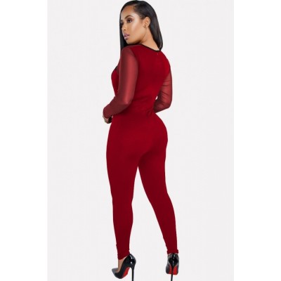 Red Contrast Mesh Long Sleeve Cutout Sexy Jumpsuit