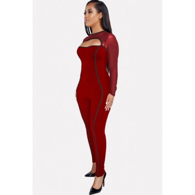 Red Contrast Mesh Long Sleeve Cutout Sexy Jumpsuit