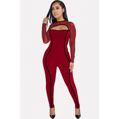 Red Contrast Mesh Long Sleeve Cutout Sexy Jumpsuit