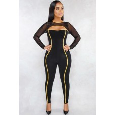 Black Contrast Mesh Long Sleeve Cutout Sexy Jumpsuit