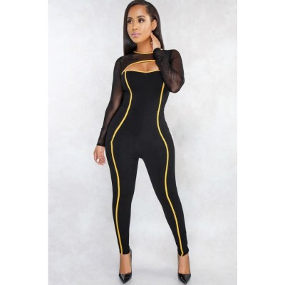 Black Contrast Mesh Long Sleeve Cutout Sexy Jumpsuit