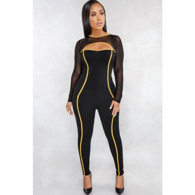 Black Contrast Mesh Long Sleeve Cutout Sexy Jumpsuit