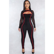 Black Contrast Mesh Long Sleeve Cutout Sexy Jumpsuit