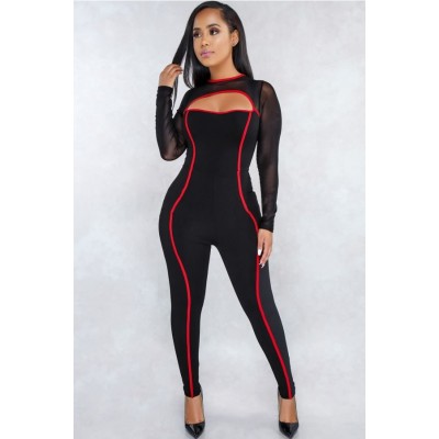 Black Contrast Mesh Long Sleeve Cutout Sexy Jumpsuit