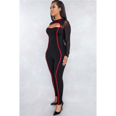 Black Contrast Mesh Long Sleeve Cutout Sexy Jumpsuit