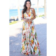 Floral Wrap Crisscross Back V Neck Casual Maxi Dress