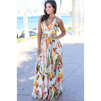 Floral Wrap Crisscross Back V Neck Casual Maxi Dress