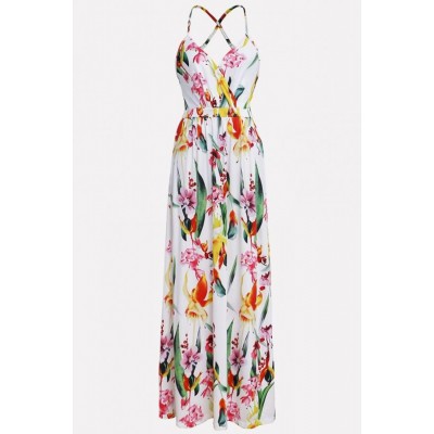 Floral Wrap Crisscross Back V Neck Casual Maxi Dress